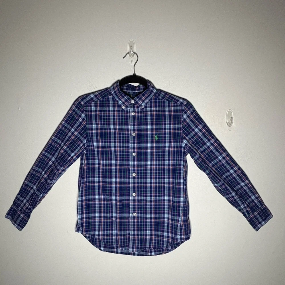Ralph Lauren Boys Blue Plaid Button Up Shirt Size M 10-12